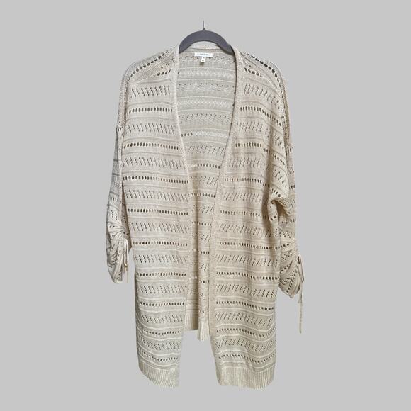 Maurices Knit Cardigan Open Front Cream Long Sleeves With Tie Ups Boho Beach LG - Picture 1 of 8
